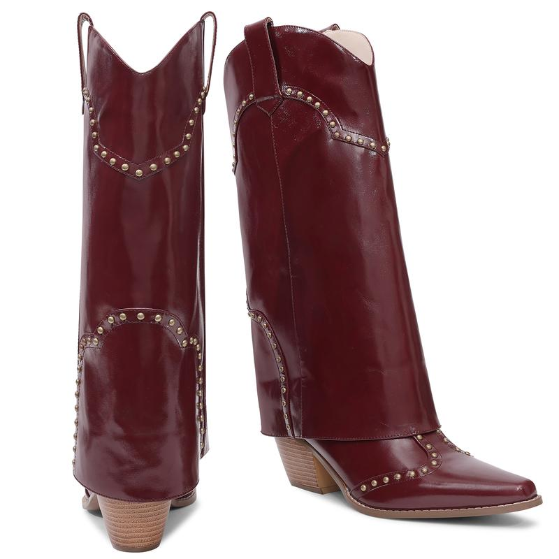 Shark Fold Over Mid Calf Chunky Heel Studded Boots