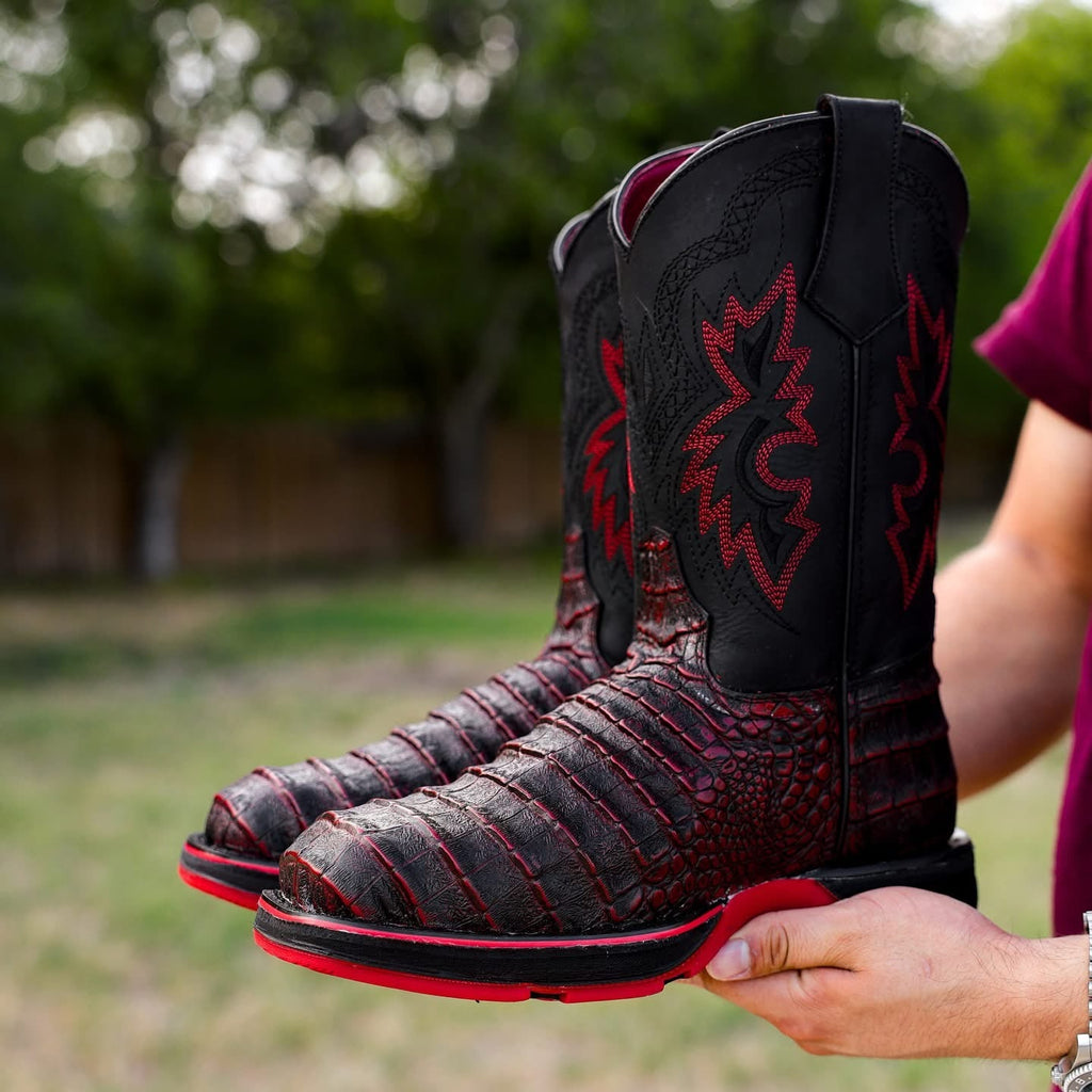 Black Cherry Caiman Belly Leather Boots With 3D Lightweight Sole - Composite Toe