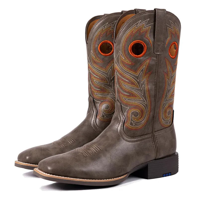 Western-Style Classic Embroidered Chunky Heel Flat-Toe Boots, Soft Leather