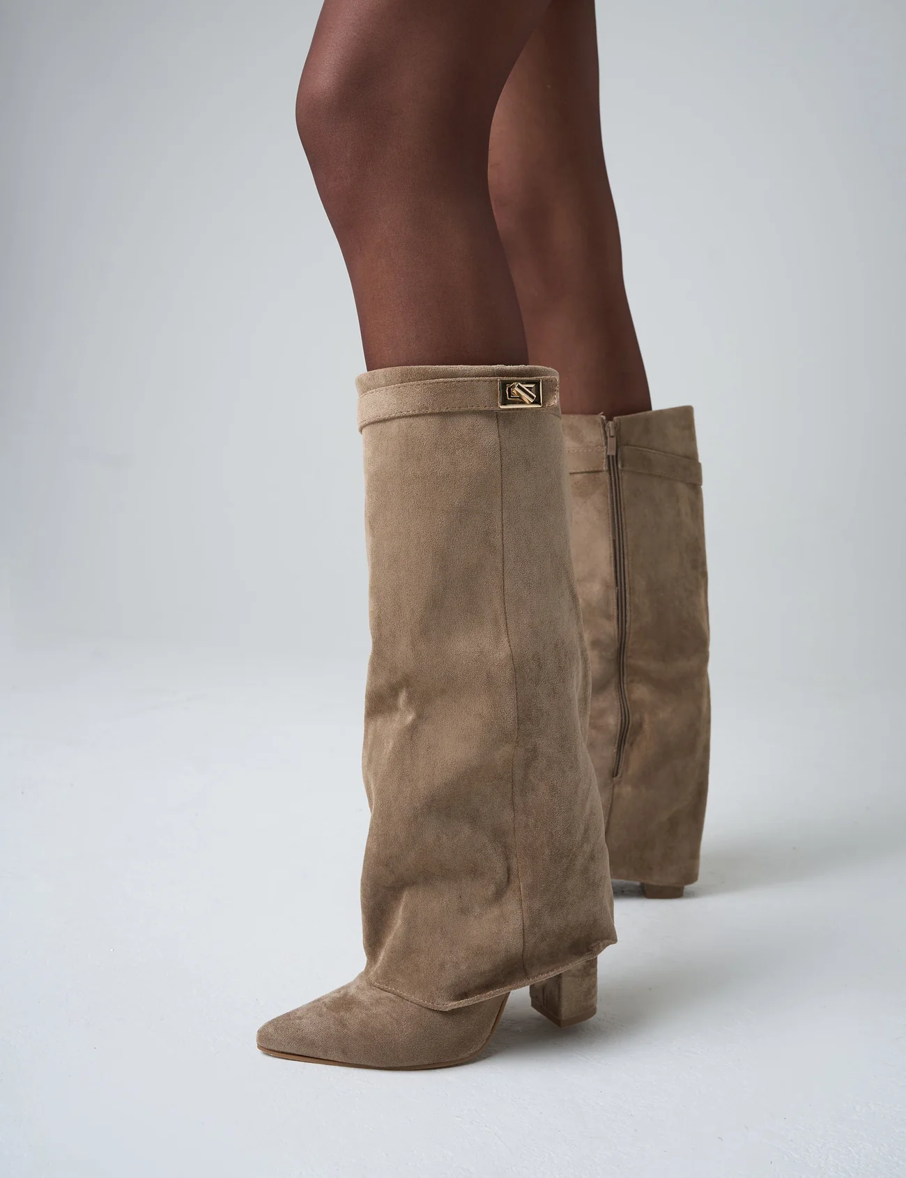 Beige Faux Suede Padlock Fold Over Knee High Boots