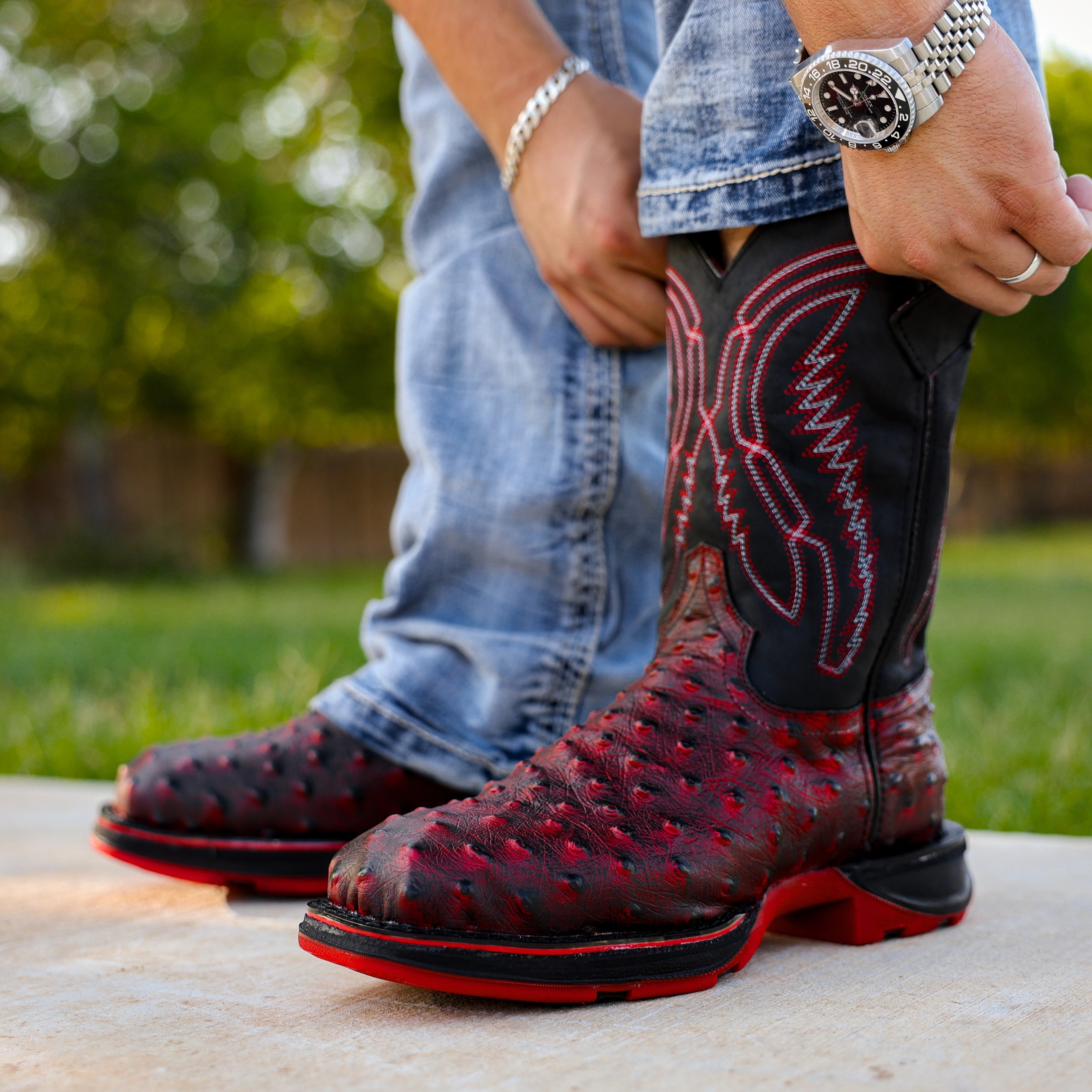 Black Cherry Ostrich Leather Boots With 3D Lightweight Sole - Composite Toe