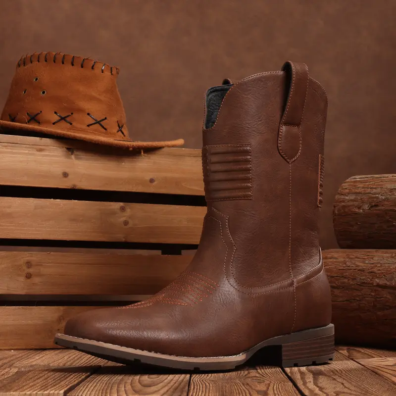 Western Cowboy Boots With Flag - Square Toe
