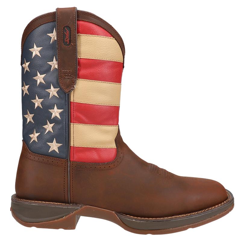 Mens Patriotic Pull On Western Flag Square Toe Casual Boots Mid Calf - Brown