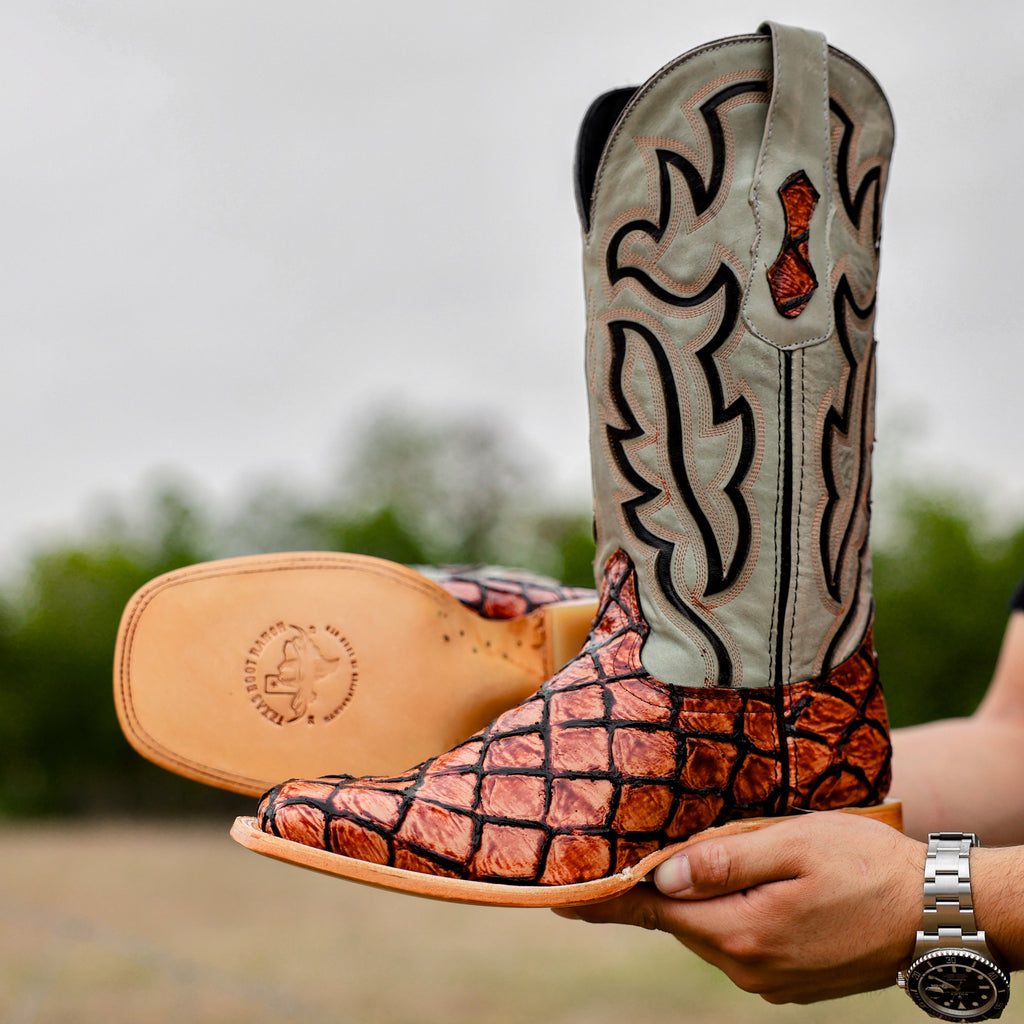 Cognac Pirarusu Leather Boots - Square Toe