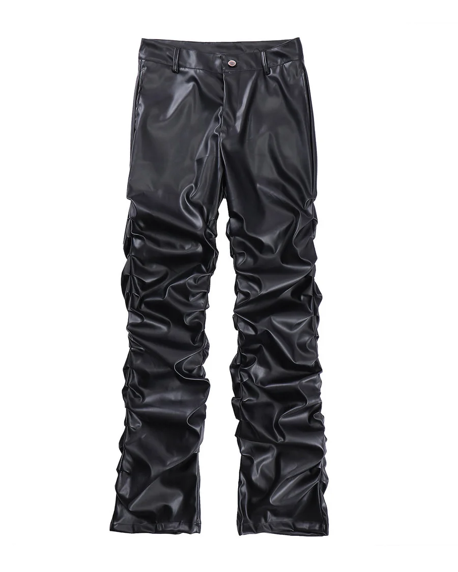 Dark Punk Niche Shiny Pleated PU Leather Casual Men's Trousers