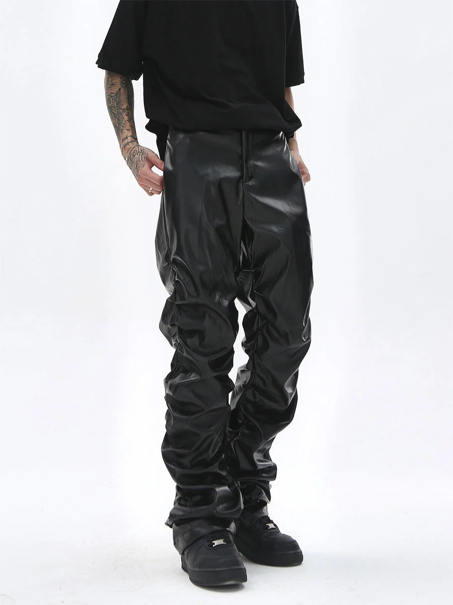 Dark Punk Niche Shiny Pleated PU Leather Casual Men's Trousers