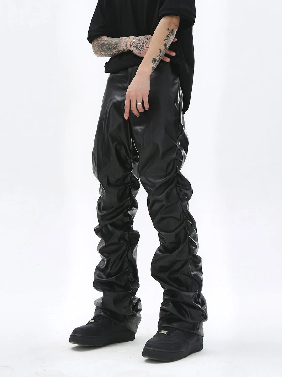 Dark Punk Niche Shiny Pleated PU Leather Casual Men's Trousers