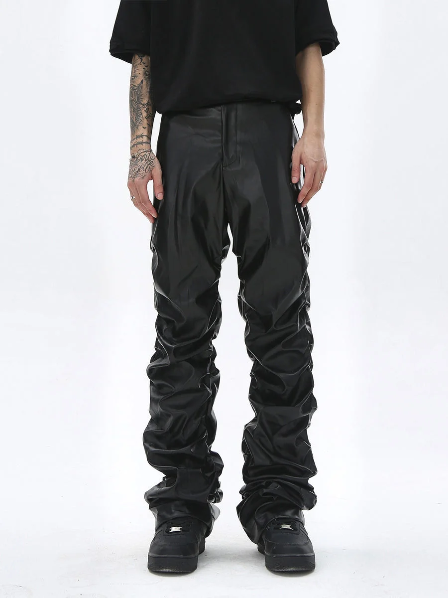 Dark Punk Niche Shiny Pleated PU Leather Casual Men's Trousers