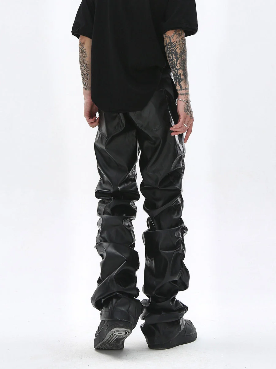 Dark Punk Niche Shiny Pleated PU Leather Casual Men's Trousers