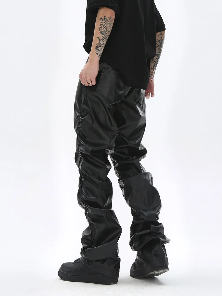 Dark Punk Niche Shiny Pleated PU Leather Casual Men's Trousers