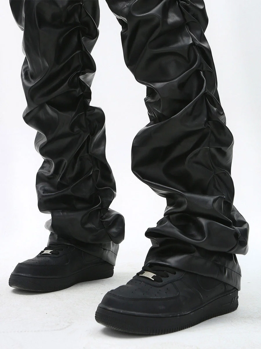 Dark Punk Niche Shiny Pleated PU Leather Casual Men's Trousers