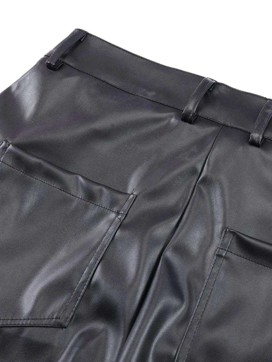 Dark Punk Niche Shiny Pleated PU Leather Casual Men's Trousers