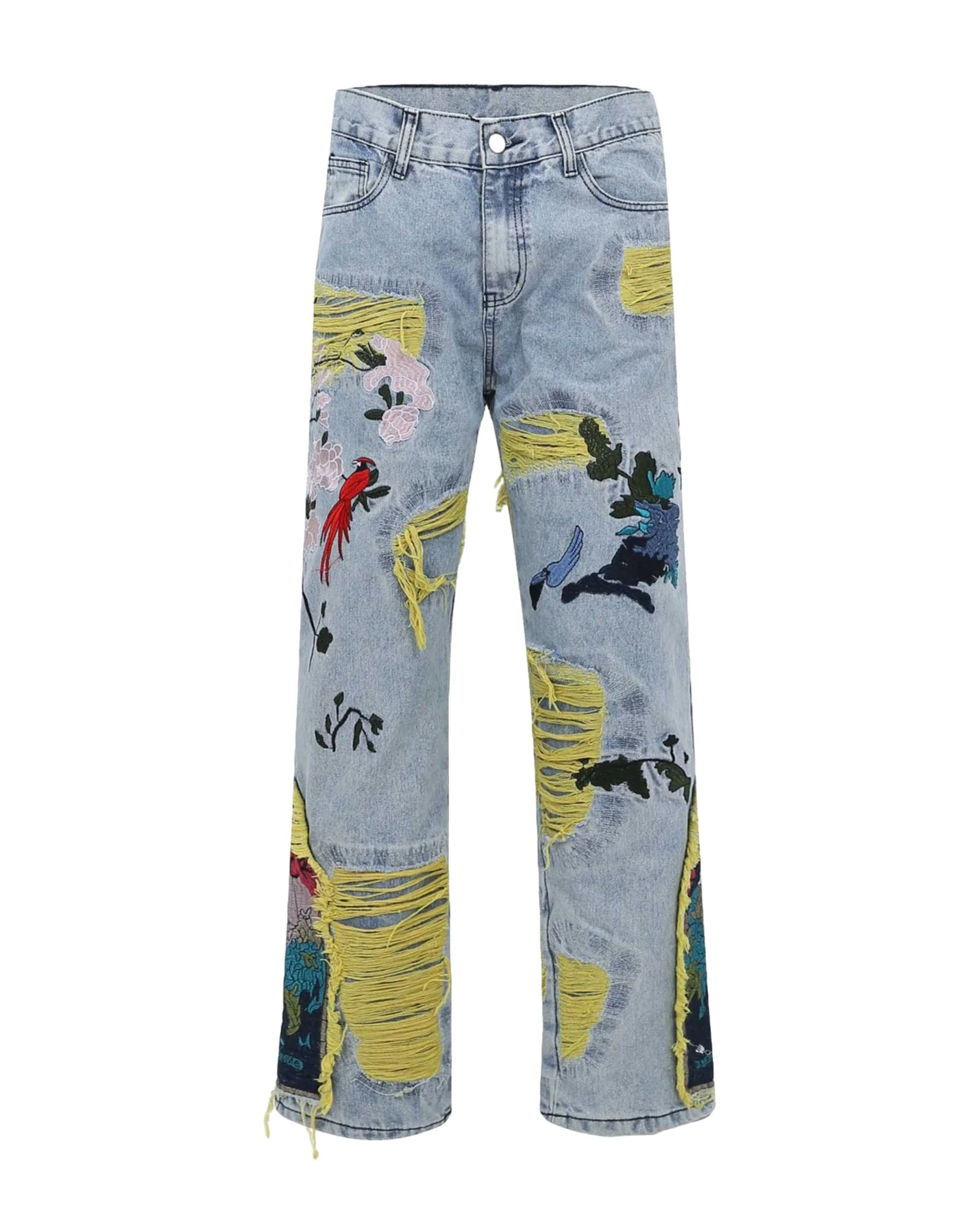 Heavy Craft Embroidered Raw Edge Ripped Men's Jeans