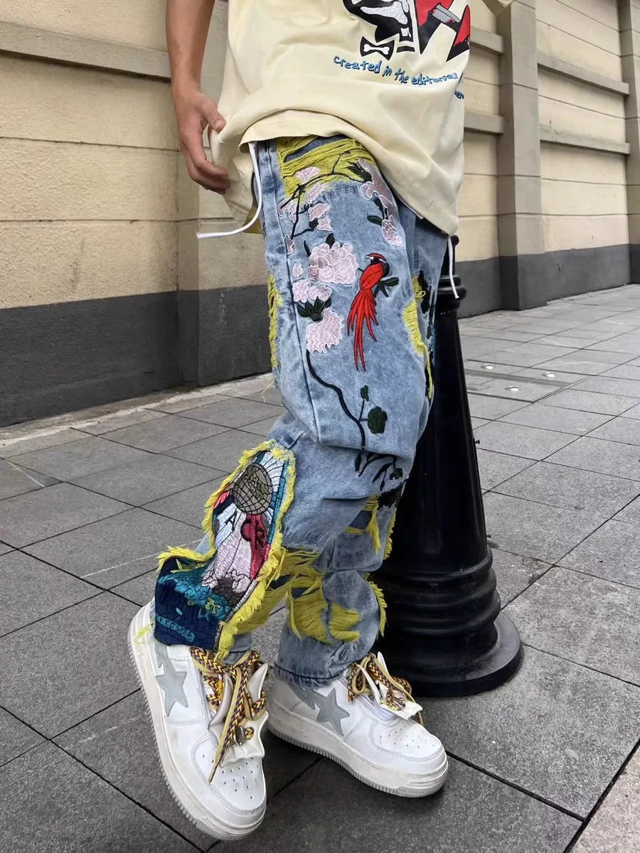Heavy Craft Embroidered Raw Edge Ripped Men's Jeans