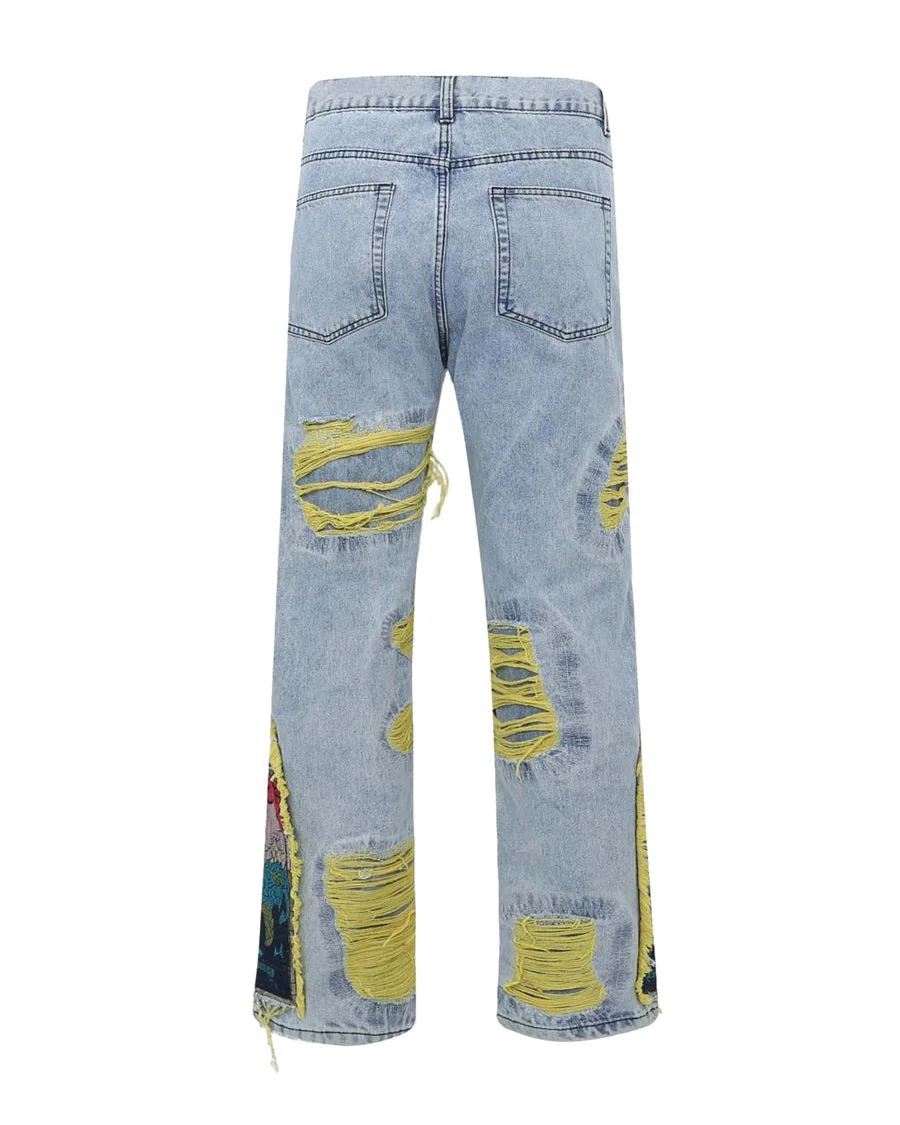 Heavy Craft Embroidered Raw Edge Ripped Men's Jeans