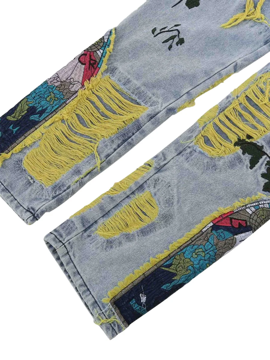 Heavy Craft Embroidered Raw Edge Ripped Men's Jeans