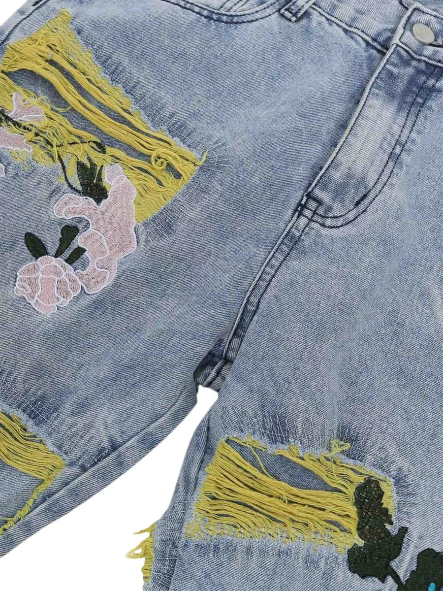 Heavy Craft Embroidered Raw Edge Ripped Men's Jeans