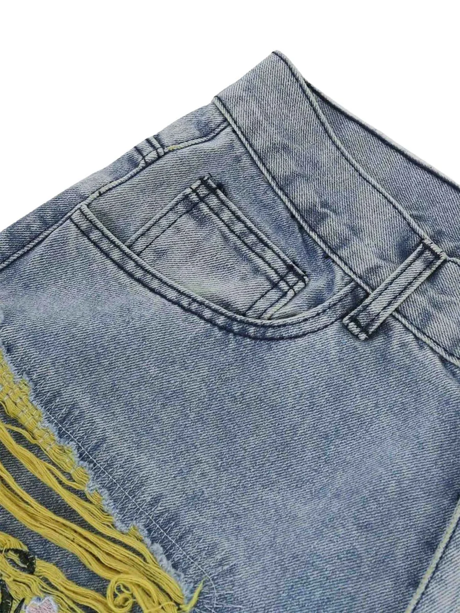 Heavy Craft Embroidered Raw Edge Ripped Men's Jeans