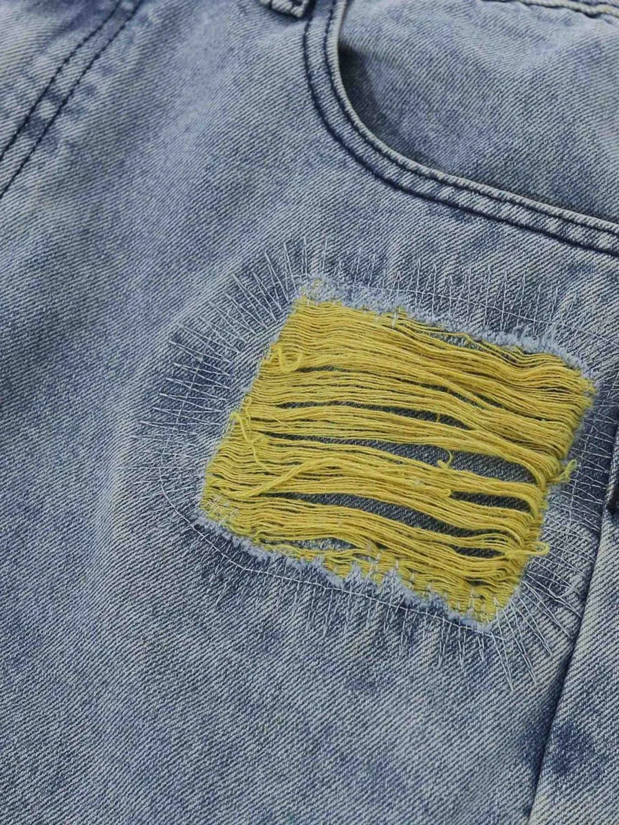 Heavy Craft Embroidered Raw Edge Ripped Men's Jeans