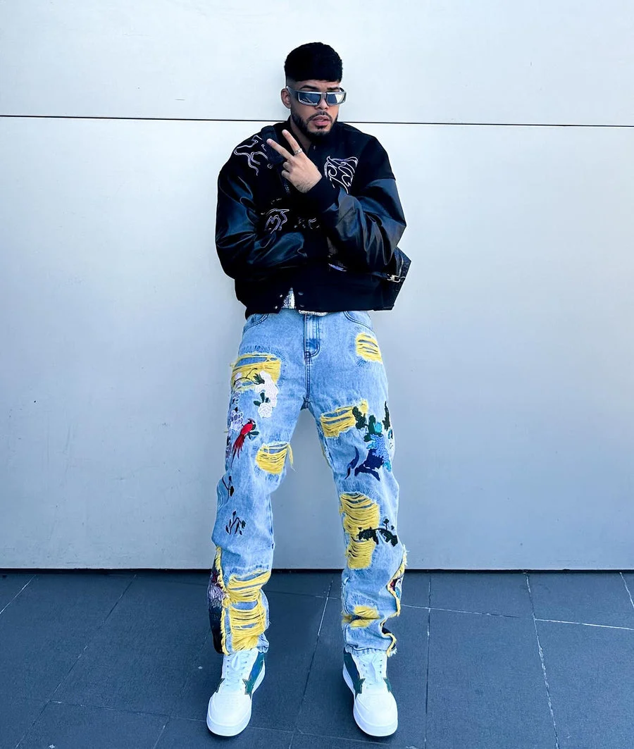 Heavy Craft Embroidered Raw Edge Ripped Men's Jeans