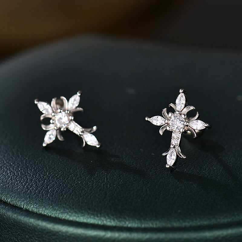 Sterling Silver Floral Cross Bullet Back Earring
