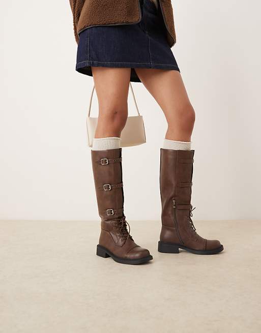 Knee High Boots With Metal Buckles In Distressed Brown