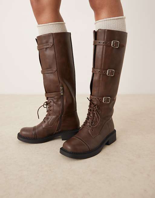 Knee High Boots With Metal Buckles In Distressed Brown