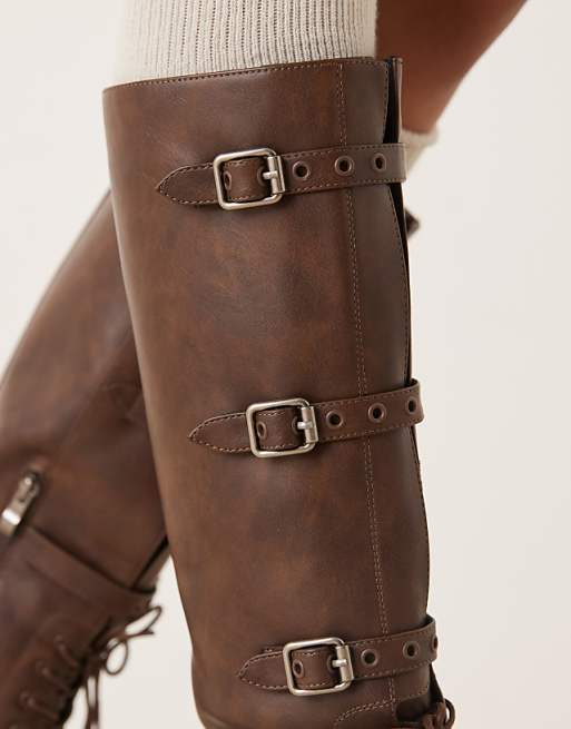 Knee High Boots With Metal Buckles In Distressed Brown