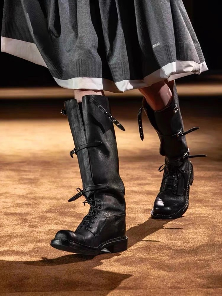 Knee High Boots With Metal Buckles In Distressed Brown