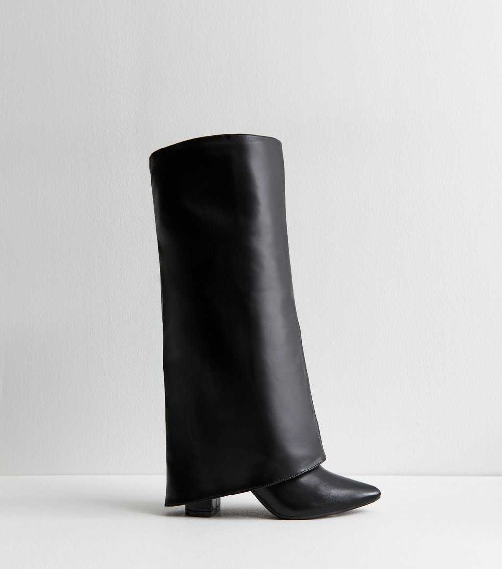 Black Foldover Leather Look Knee High Boots