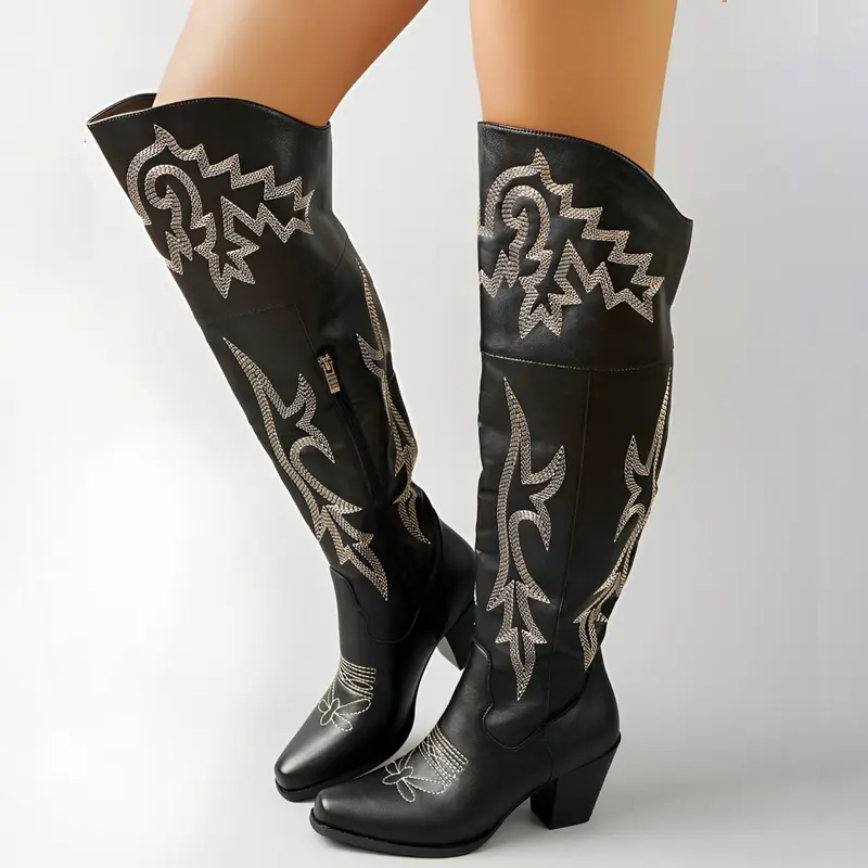 Over The Knee Pointed Toe Embroidered PU Leather Western Boots