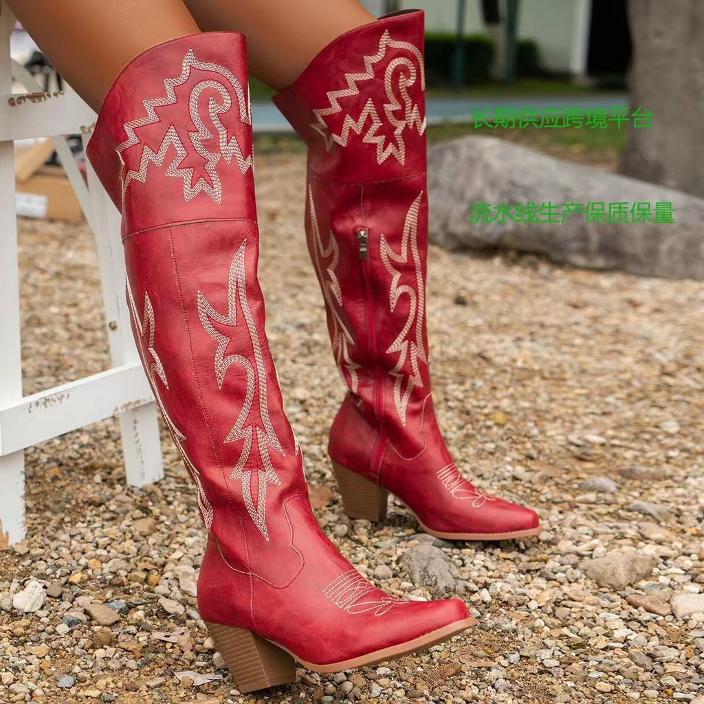 Over The Knee Pointed Toe Embroidered PU Leather Western Boots