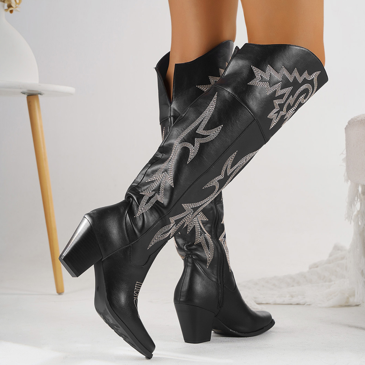 Over The Knee Pointed Toe Embroidered PU Leather Western Boots
