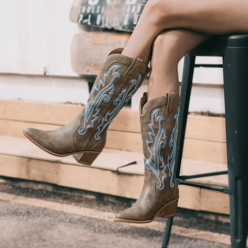 Embroidered Pointed Toe Chunky Heel Mid Calf Cowgirl Boots
