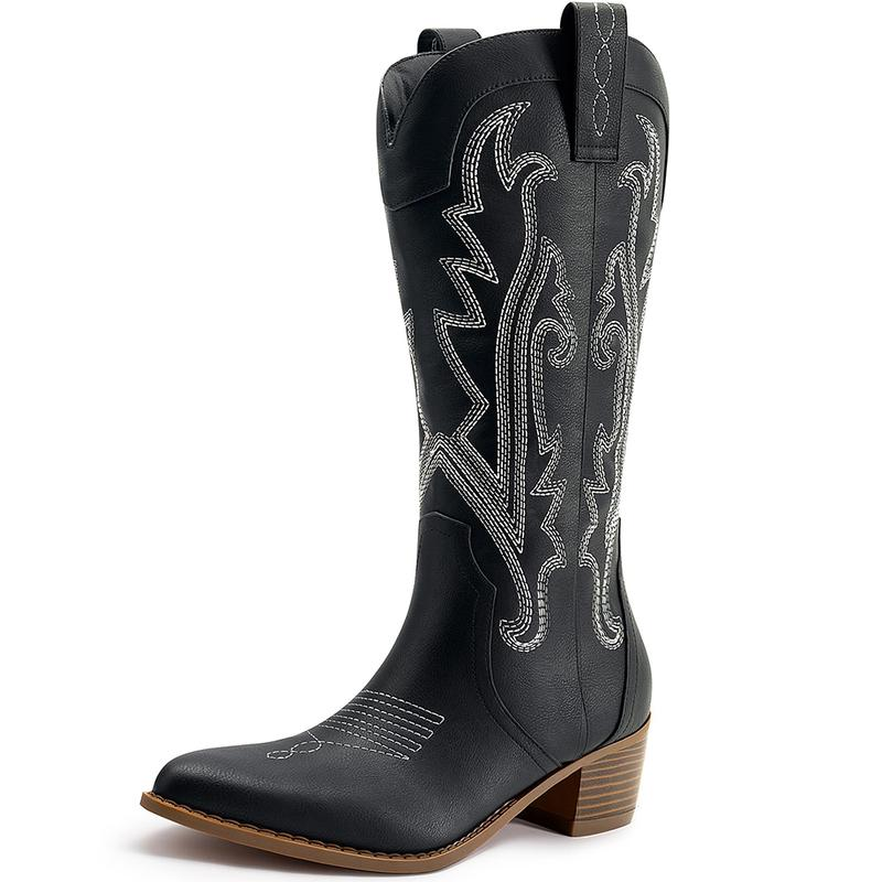 Embroidered Pointed Toe Chunky Heel Mid Calf Cowgirl Boots