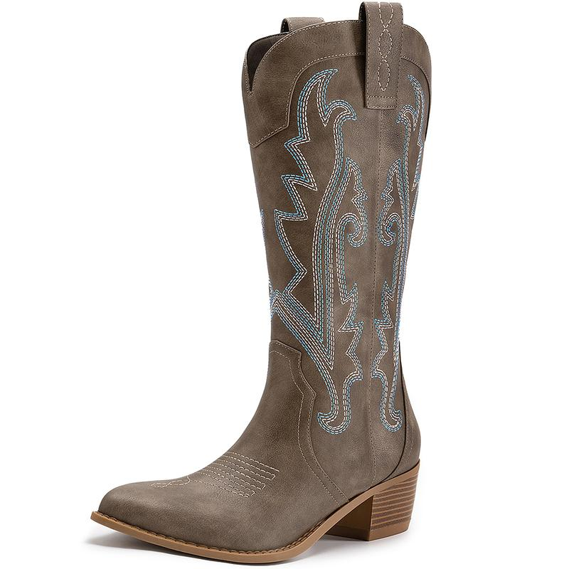 Embroidered Pointed Toe Chunky Heel Mid Calf Cowgirl Boots