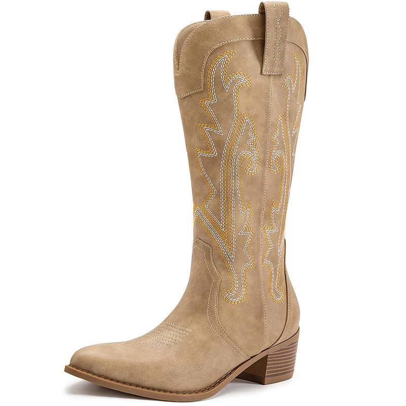 Embroidered Pointed Toe Chunky Heel Mid Calf Cowgirl Boots