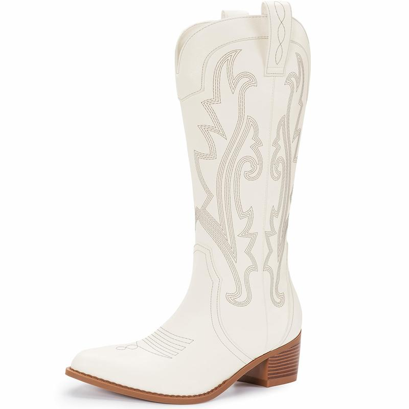 Embroidered Pointed Toe Chunky Heel Mid Calf Cowgirl Boots