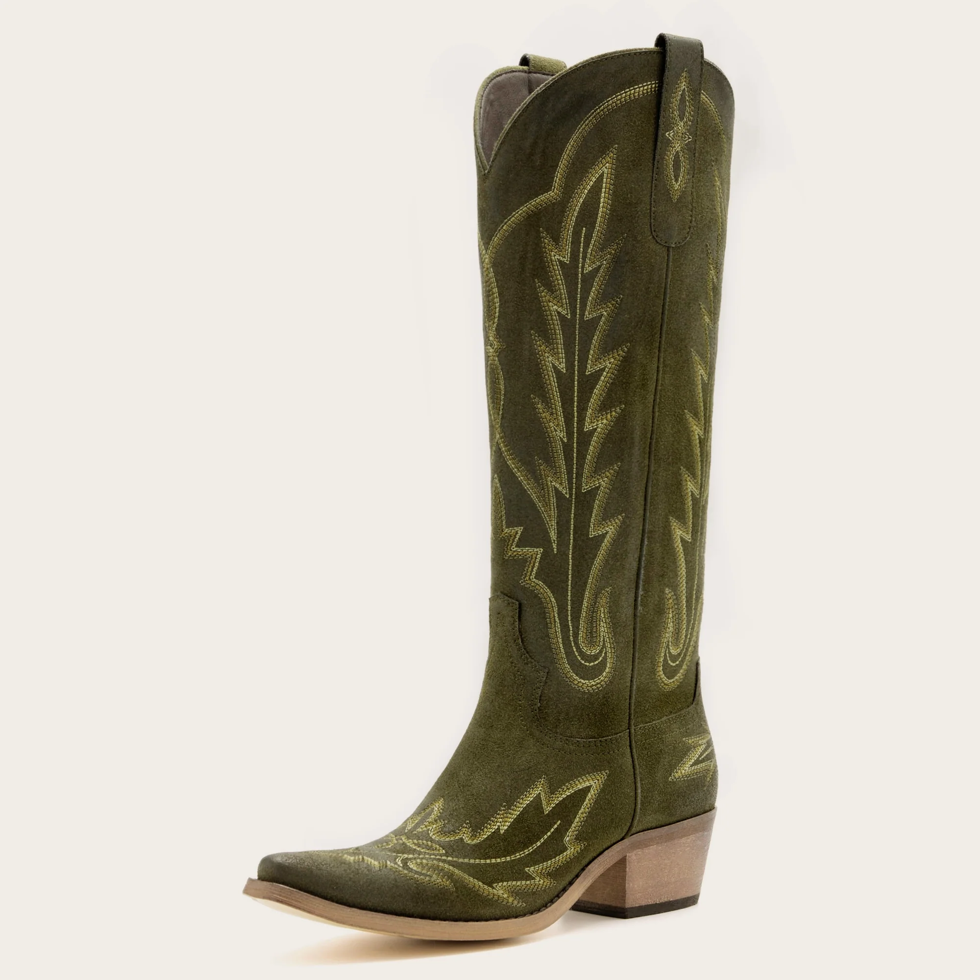 The Rosemary - Olive Suede Classic Tall Cowgirl Boots With Embroidery