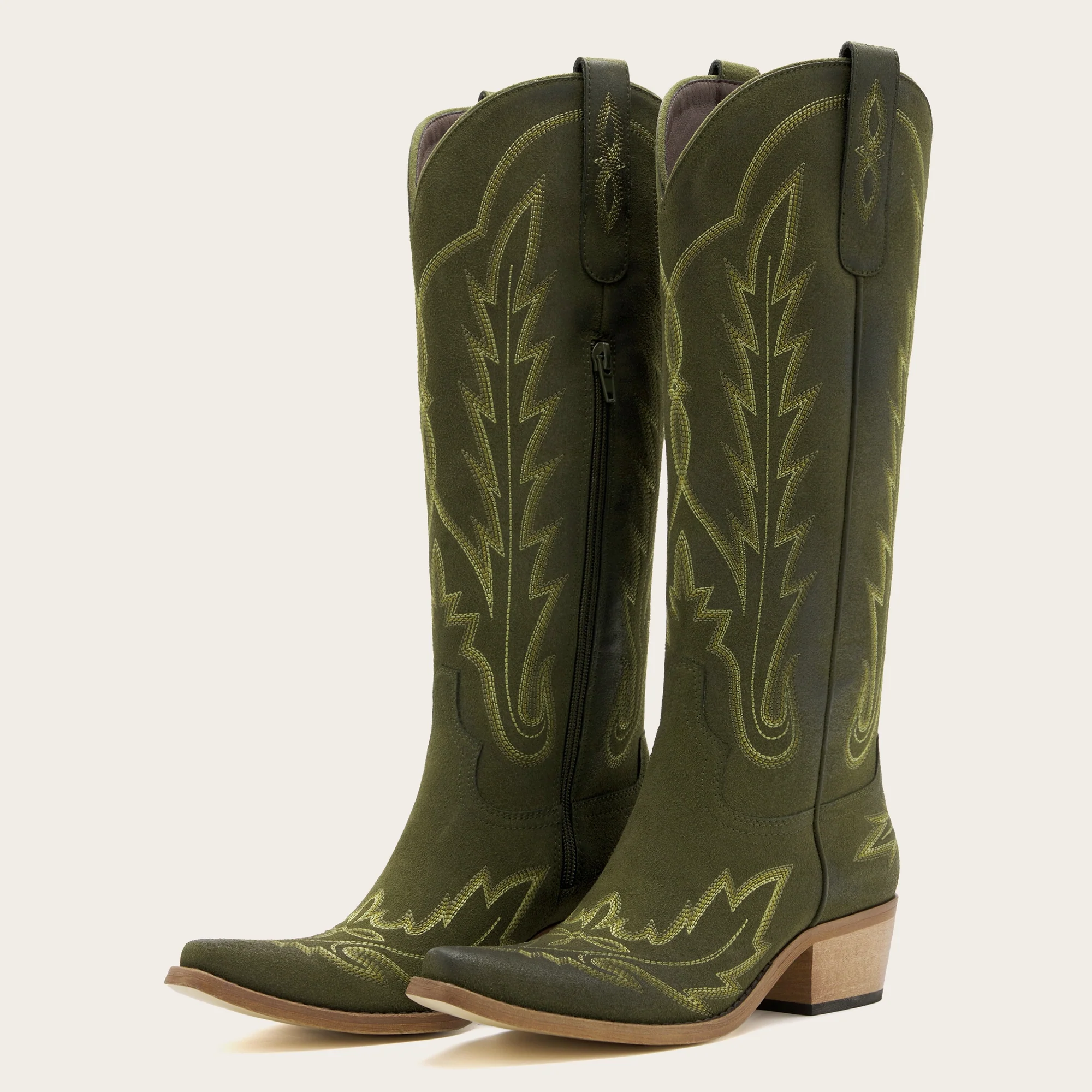 The Rosemary - Olive Suede Classic Tall Cowgirl Boots With Embroidery