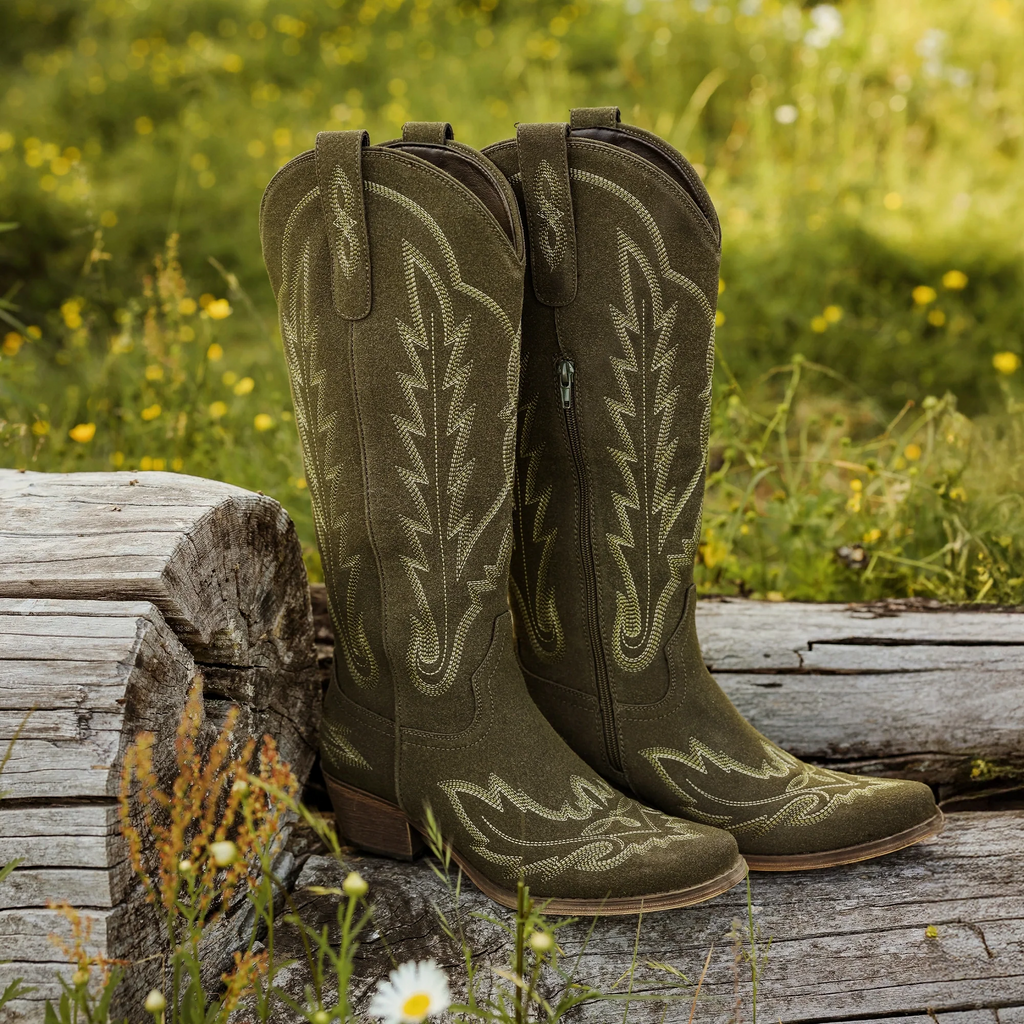 The Rosemary - Olive Suede Classic Tall Cowgirl Boots With Embroidery