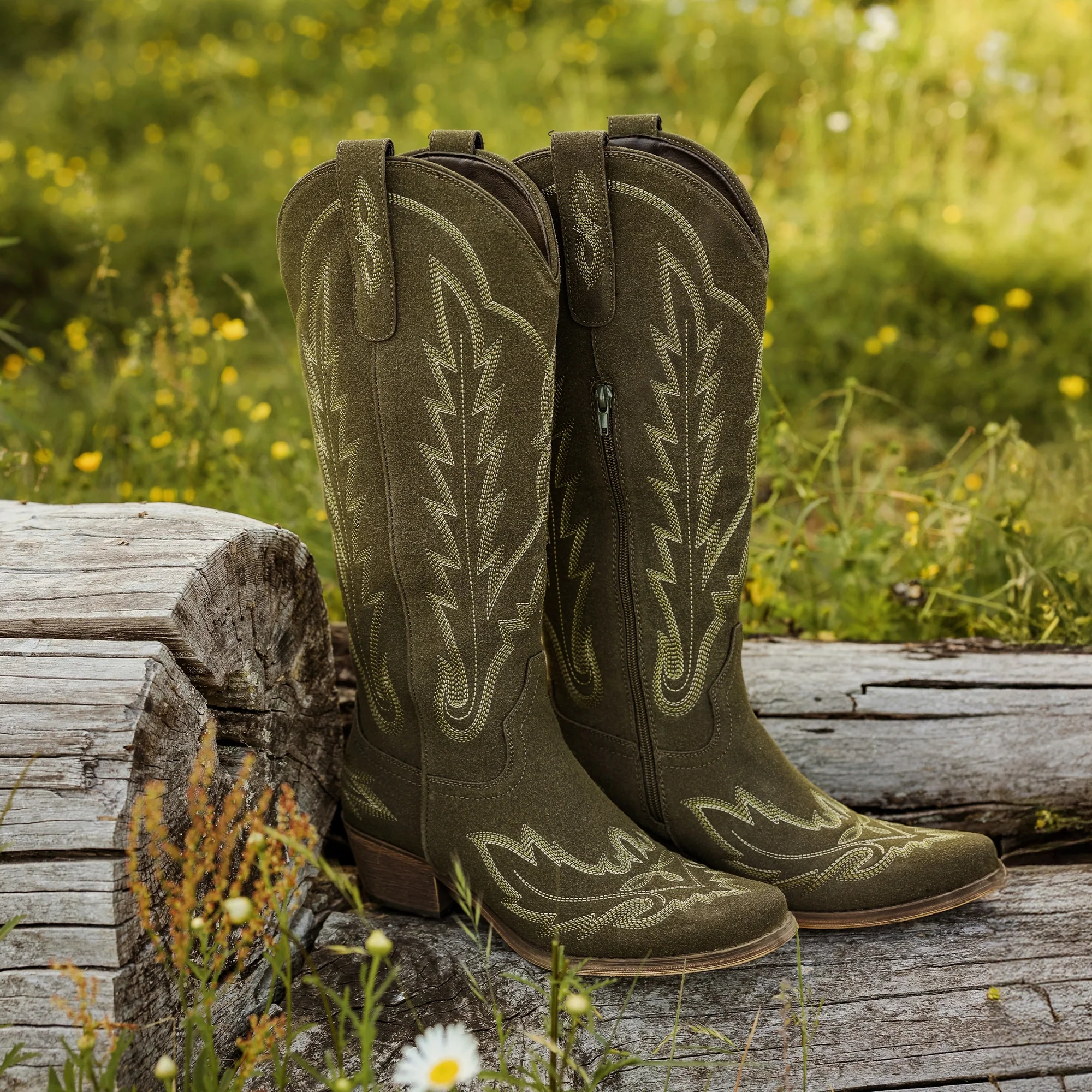 The Rosemary - Olive Suede Classic Tall Cowgirl Boots With Embroidery