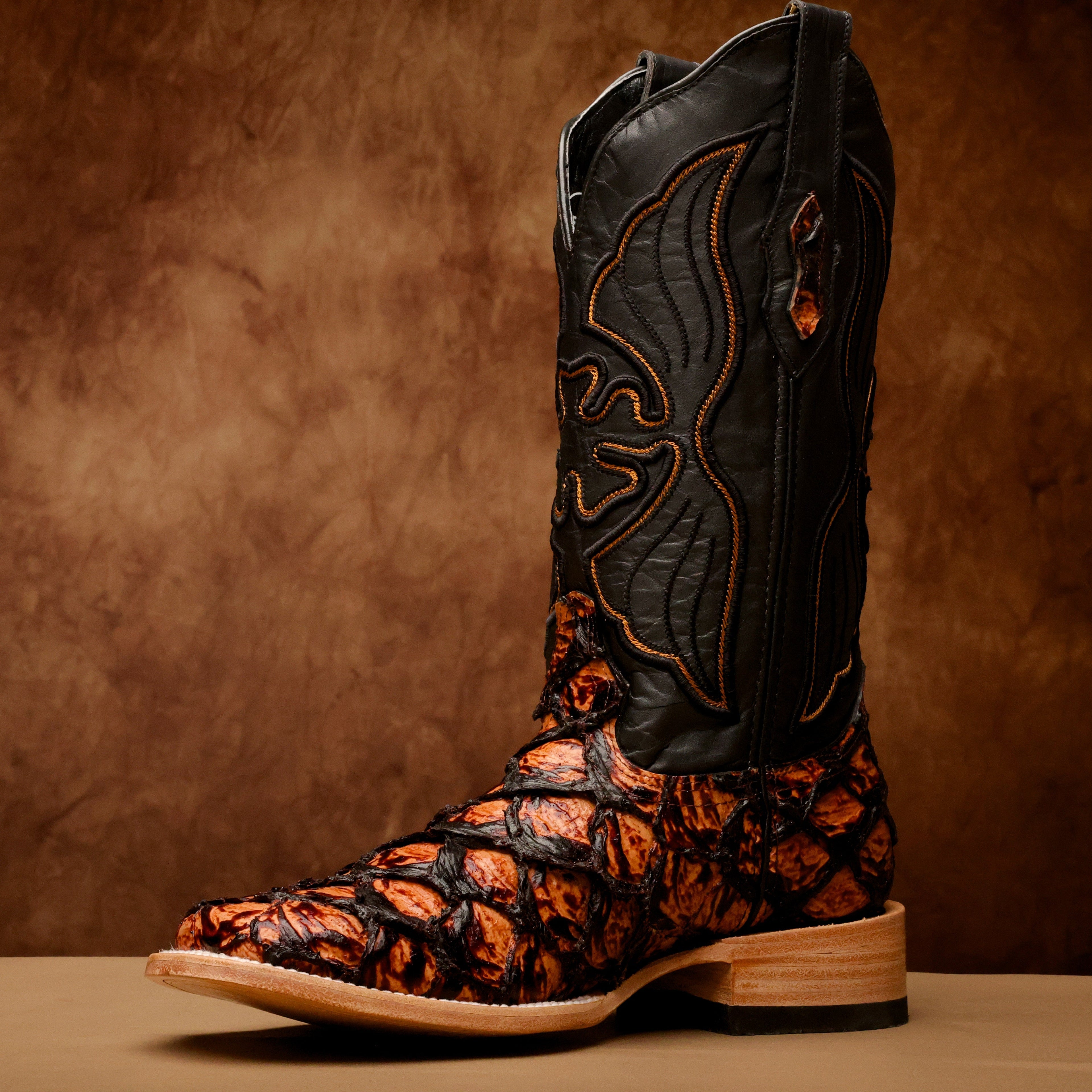 Cognac Jumbo Pirarusu Leather Boots - Square Toe