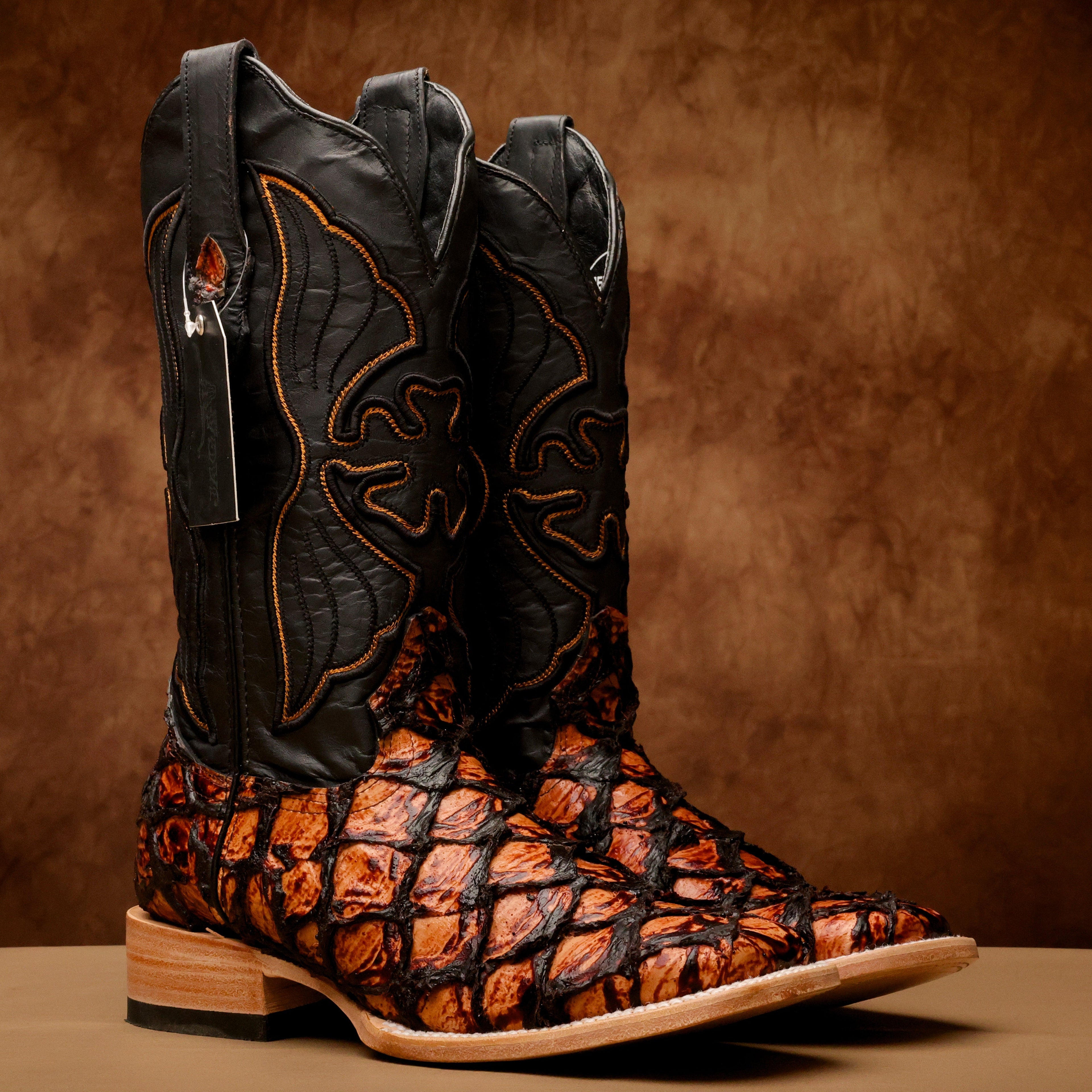 Cognac Jumbo Pirarusu Leather Boots - Square Toe