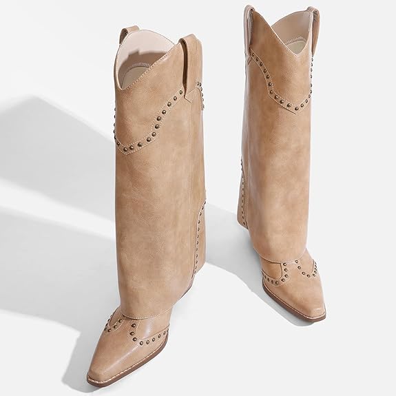 Shark Fold Over Mid Calf Chunky Heel Studded Boots