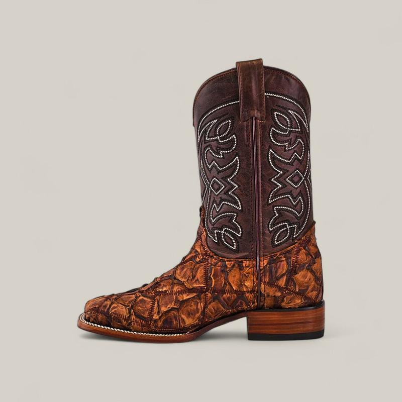 Patchwork Pirarucu Fish Boots - Matte Brown - Square Toe