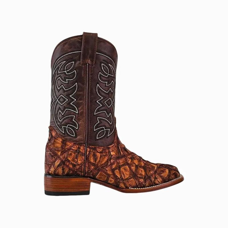 Patchwork Pirarucu Fish Boots - Matte Brown - Square Toe