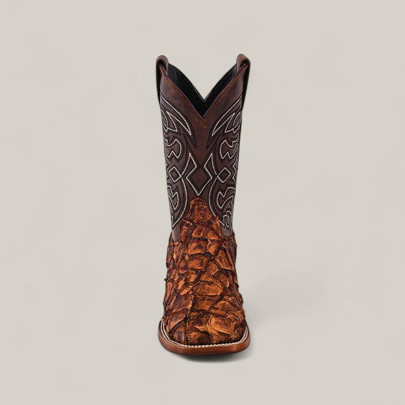 Patchwork Pirarucu Fish Boots - Matte Brown - Square Toe