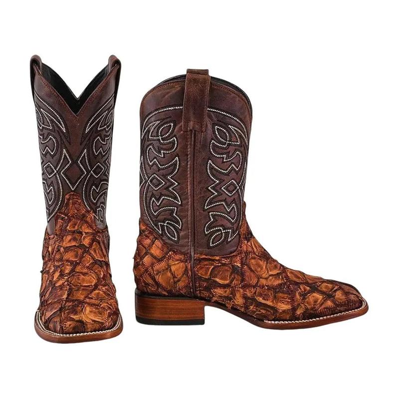 Patchwork Pirarucu Fish Boots - Matte Brown - Square Toe