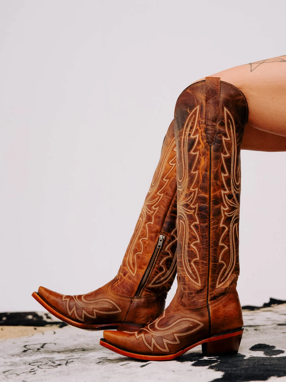 Distressed Honey Snip-Toe Half-Zip Classic Embroidery Knee High Cowgirl Boots